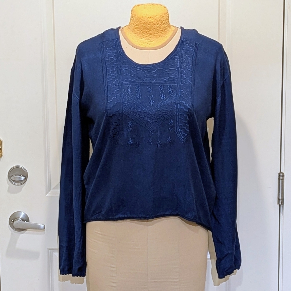 NWOT Beckwoman XL Royal Blue Embroidered Double Button Collar Boho Tunic Blouse